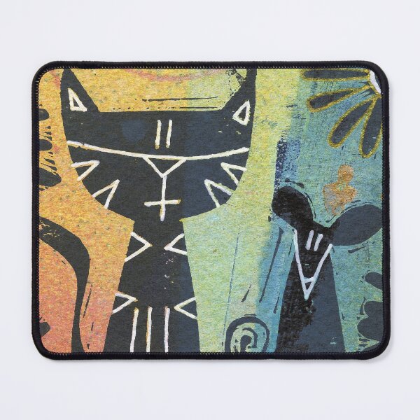 Item preview, Cat Mouse Art Hand Stamped Teal, Orange, Gold, Black & White designed and sold by Sheree Burlington.
