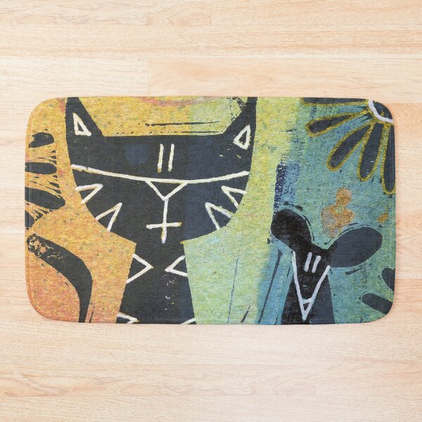 Item preview, Cat Mouse Art Hand Stamped Teal, Orange, Gold, Black & White designed and sold by Sheree Burlington.