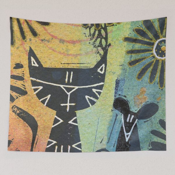 Item preview, Cat Mouse Art Hand Stamped Teal, Orange, Gold, Black & White designed and sold by Sheree Burlington.