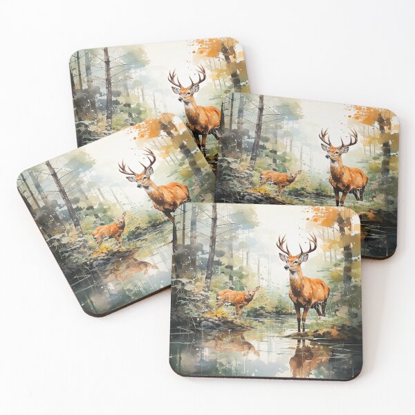 Item preview, Nature's Pause - Two Deer Drinking From A Stream - Watercolor Art - Animal Art designed and sold by CastleBySea.