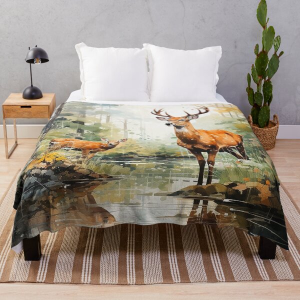 Item preview, Nature's Pause - Two Deer Drinking From A Stream - Watercolor Art - Animal Art designed and sold by CastleBySea.