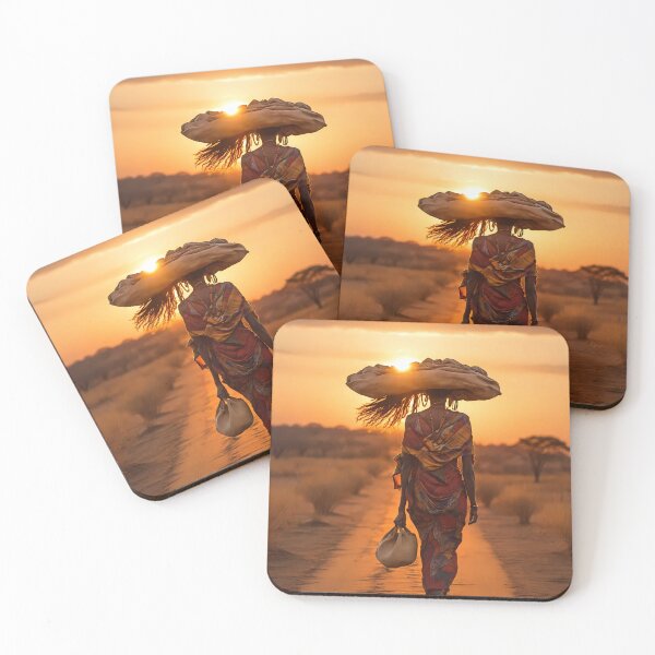 Item preview, African woman carrying load towards sunset designed and sold by MindBlazeArt.
