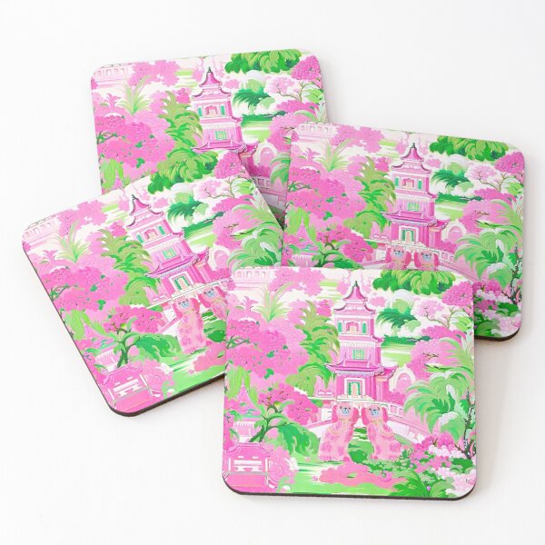 Item preview, Preppy pink Staffordshire dogs in pink and green chinoiserie  pagoda landscape designed and sold by SophieClimaArt.