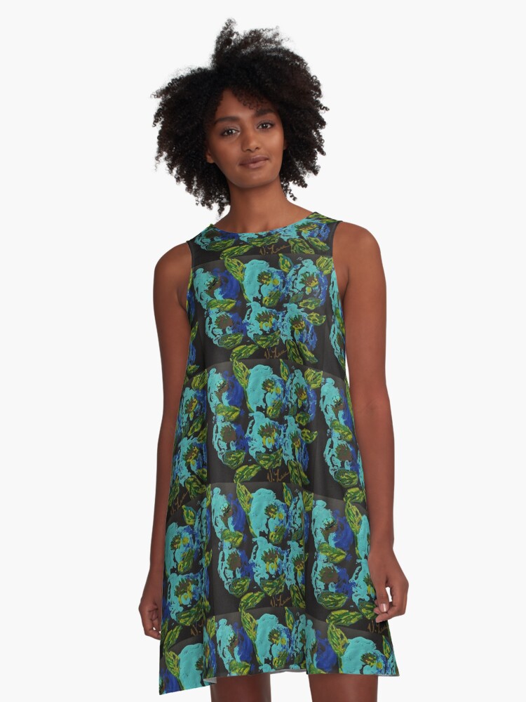 Thumbnail 1 of 4, A-Line Dress, Blooms Blue designed and sold by Ladyinthemitten.