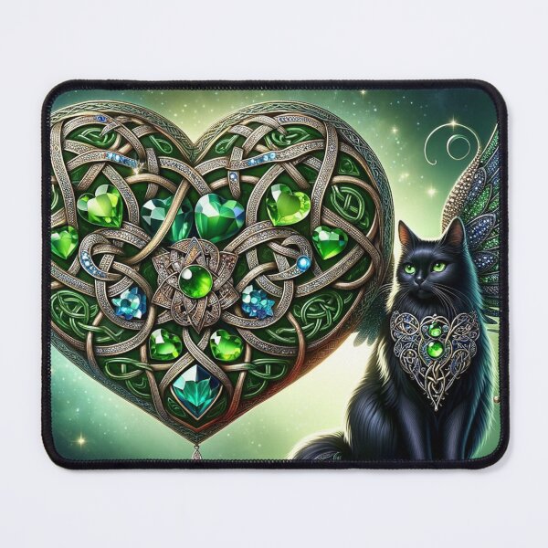 Item preview, Celtic Spirit Cat with green jewelled heart for abundance, good health, wealth. designed and sold by Sabbatcat.