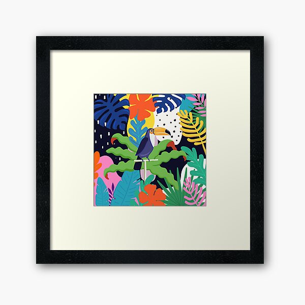 Mutige tropische Dschungel-Abstraktion mit Toucan Memphis Style Gerahmter Kunstdruck