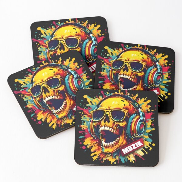 Item preview, A skull with colour splashes, text "MUZIK" designed and sold by Zatch-Bell.