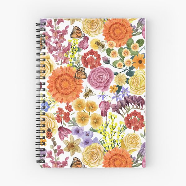Item preview, Rich Maximalist Floral with Rose, Gerbera, Gladiolus, Mimosa, Geranium, Cyclamen, Primerose, Dandelion, Freesia, Bees, Butterflies and Ladybug, White Background designed and sold by Carlo-Atzei.