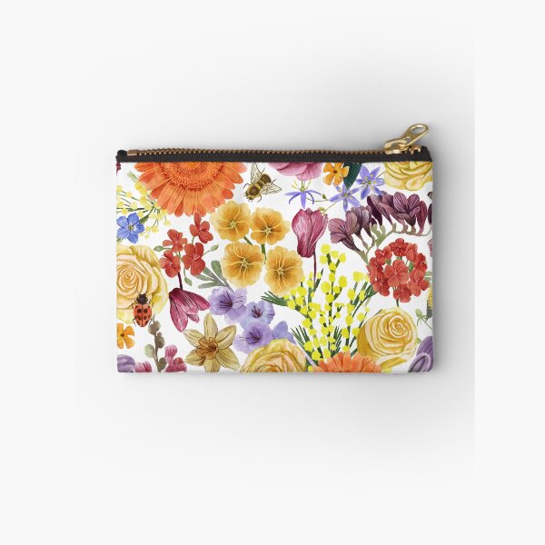 Item preview, Rich Maximalist Floral with Rose, Gerbera, Gladiolus, Mimosa, Geranium, Cyclamen, Primerose, Dandelion, Freesia, Bees, Butterflies and Ladybug, White Background designed and sold by Carlo-Atzei.