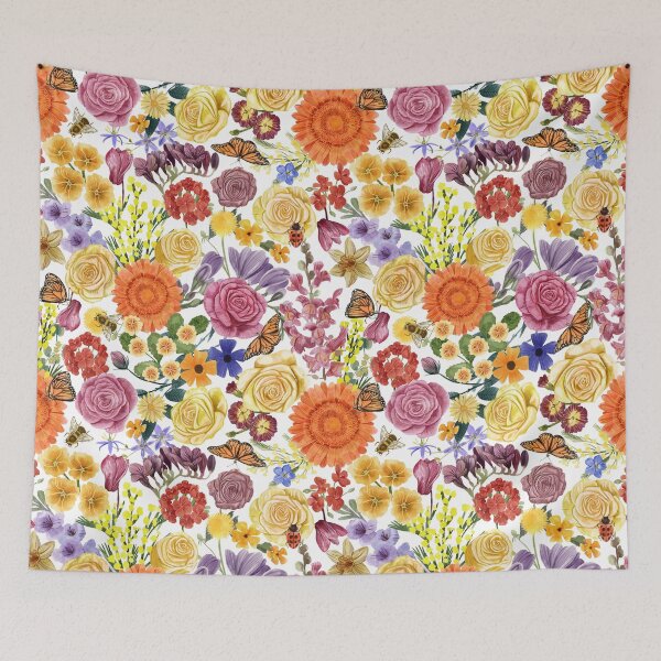 Item preview, Rich Maximalist Floral with Rose, Gerbera, Gladiolus, Mimosa, Geranium, Cyclamen, Primerose, Dandelion, Freesia, Bees, Butterflies and Ladybug, White Background designed and sold by Carlo-Atzei.