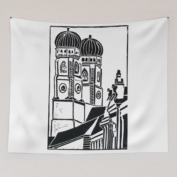 Item preview, Munich Frauenkirche black and white linocut illustration designed and sold by Olivia Braunsteiner.