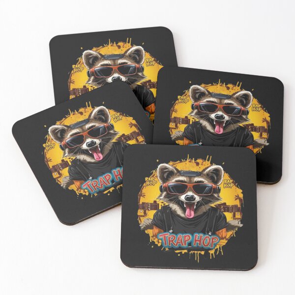 Item preview, Raccoon with tongue out wearing sunglasses and headphones with a t-shirt that says trap hop and a favela around with references to graffiti, rap and hip hopgraffiti, rap and hip hoppreferencesv0.2 designed and sold by Desenatorul1976.