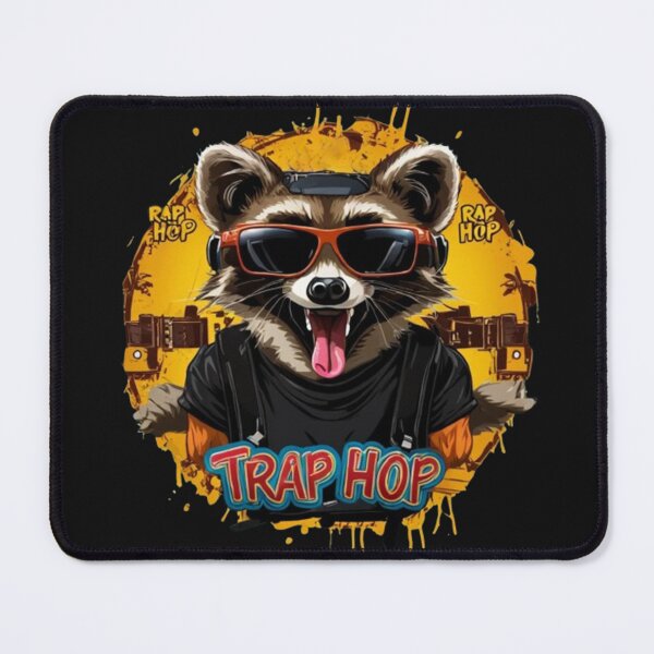 Item preview, Raccoon with tongue out wearing sunglasses and headphones with a t-shirt that says trap hop and a favela around with references to graffiti, rap and hip hopgraffiti, rap and hip hoppreferencesv0.2 designed and sold by Desenatorul1976.