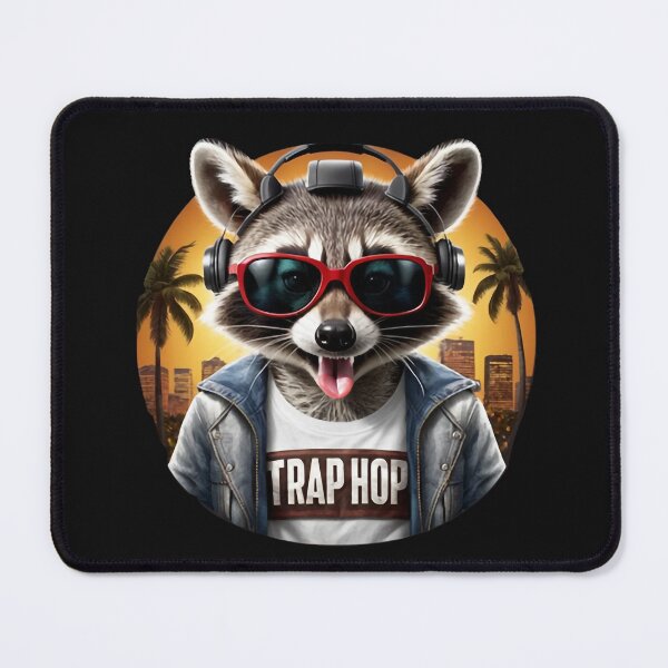 Item preview, Raccoon with tongue out wearing sunglasses and headphones with a t-shirt that says trap hop and a favela around with references to graffiti, rap and hip hopgraffiti, rap and hip hoppreferencesv0.2 designed and sold by Desenatorul1976.