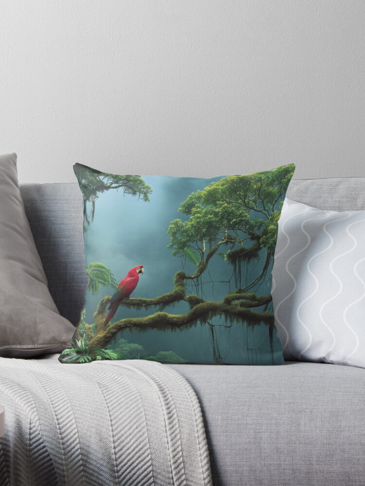 Thumbnail 1 of 4, Pillow, Emerald Perch: Scarlet Macaw in the Rainforest designed and sold by EtherealEchoes.