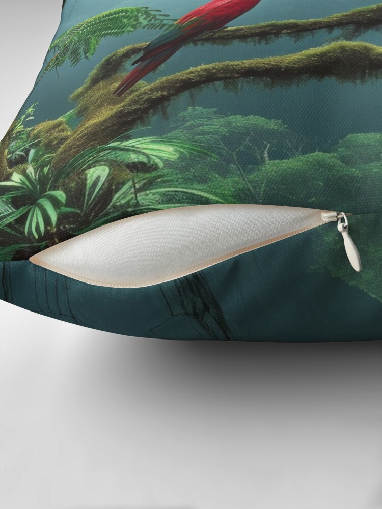 Thumbnail 2 of 4, Pillow, Emerald Perch: Scarlet Macaw in the Rainforest designed and sold by EtherealEchoes.