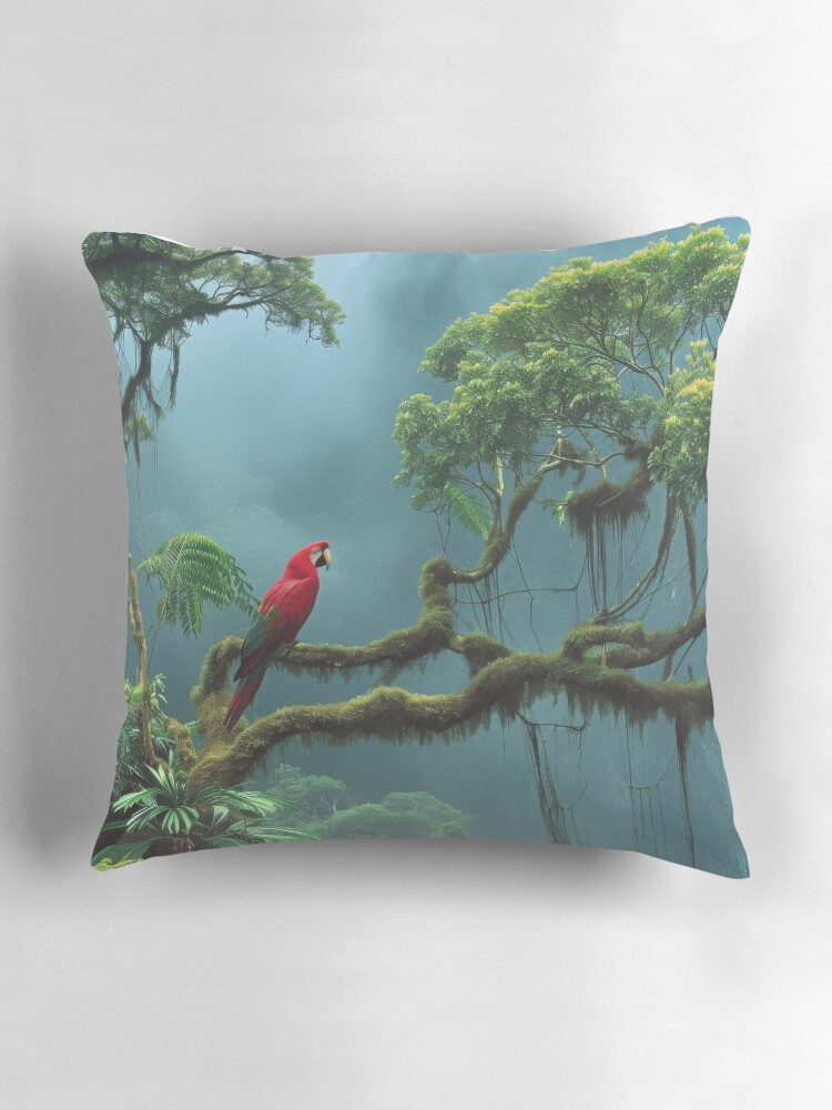 Thumbnail 3 of 4, Pillow, Emerald Perch: Scarlet Macaw in the Rainforest designed and sold by EtherealEchoes.