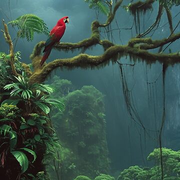 Artwork thumbnail, Emerald Perch: Scarlet Macaw in the Rainforest by EtherealEchoes