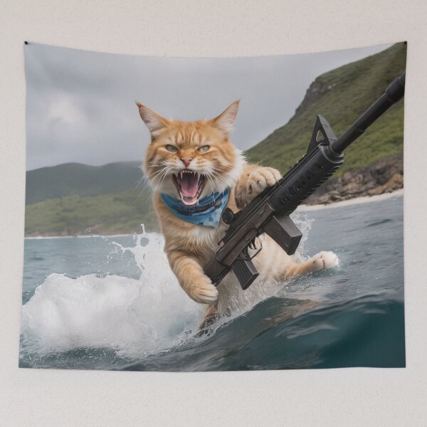 Item preview, Feline Pursuit: Cat High-Speed Chase Riding Shark with Gun designed and sold by RK - Shop.