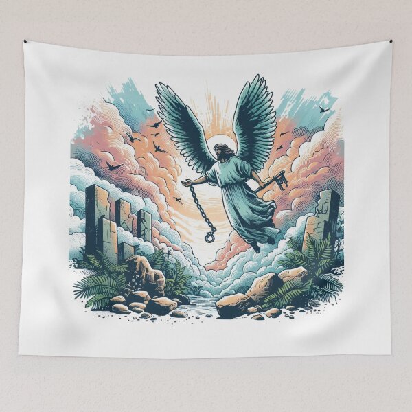 Item preview, "When Apostle John was in the Thousand-Year Kingdom, he witnessed an angel coming down from heaven holding the key to the bottomless pit and a great chain  designed and sold by PaintMeWorld.