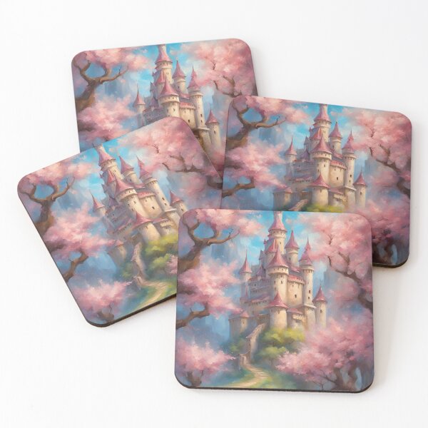 Item preview, Fairytale castle Enchanted sakura cherry garden castle - oil painting medieval fairytale designed and sold by Fantasy Cache.