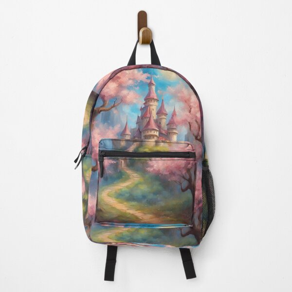 Item preview, Fairytale castle Enchanted sakura cherry garden castle - oil painting medieval fairytale designed and sold by Fantasy Cache.