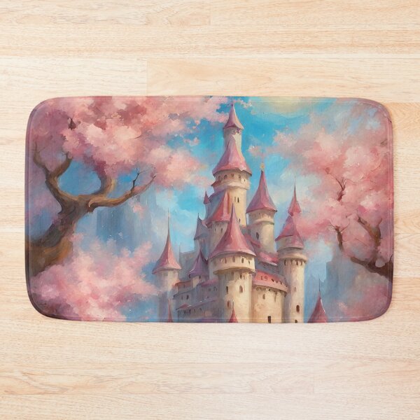 Item preview, Fairytale castle Enchanted sakura cherry garden castle - oil painting medieval fairytale designed and sold by Fantasy Cache.