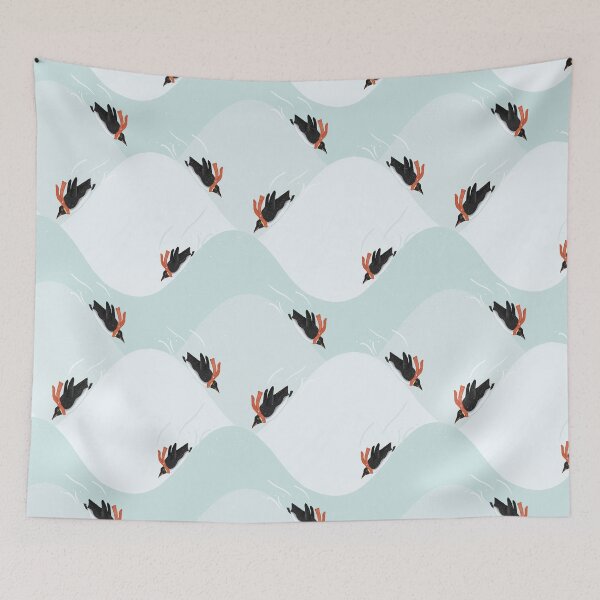 Item preview, Playful Penguins in Scarves Sliding on Snow Illustrated Pattern designed and sold by tanyadraws.
