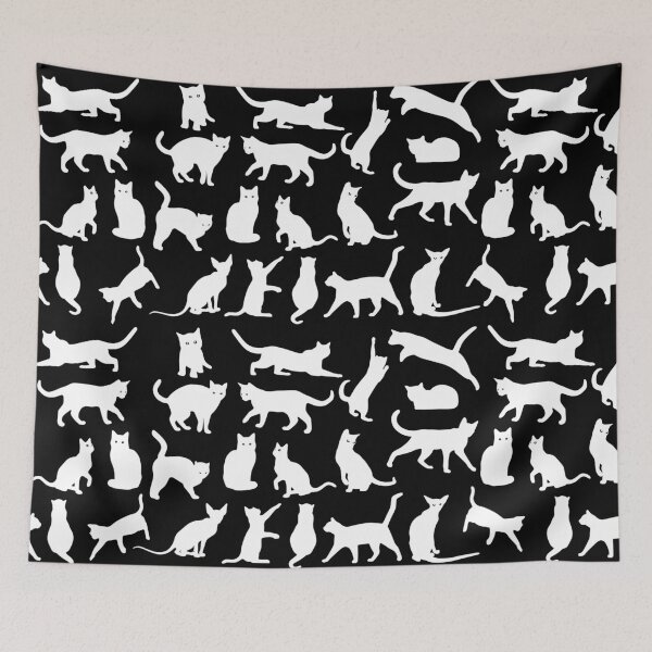 Item preview, White cats against black background - doodle pattern designed and sold by SpartanDStore.