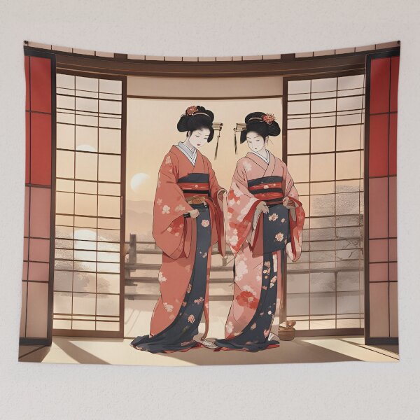 Item preview, Two geisha in kimono near traditional japanese shoji, in the sunrise, okiya,sliding door,vintage  designed and sold by Coolparrotgirl.