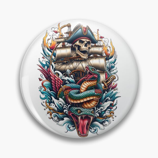 Item preview, Pirate ship with snake and skull in tattoo style designed and sold by shopsmarty.