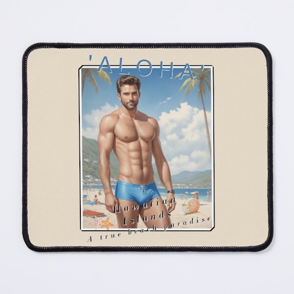 Item preview, Aloha! vintage holiday poster with sexy man in blue speedo designed and sold by Museum Of Non-Existing Art.