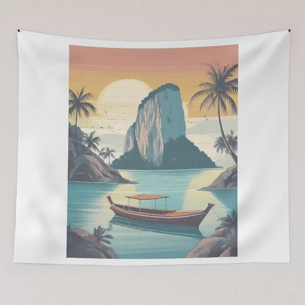 Item preview, Minimal Vintage Retro Travel Poster - Phuket Sunset with Longtail Boat designed and sold by pod24.