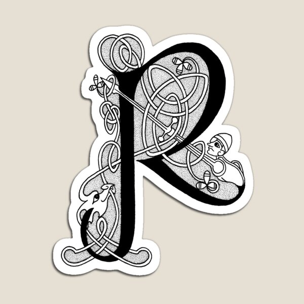 Knight and Dragon Alphabet - R - black and white Magnet