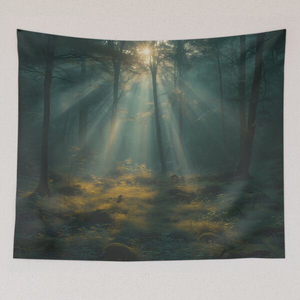 Item preview, A sun rays shines through the trees in a forest designed and sold by EcoMinimalArt.