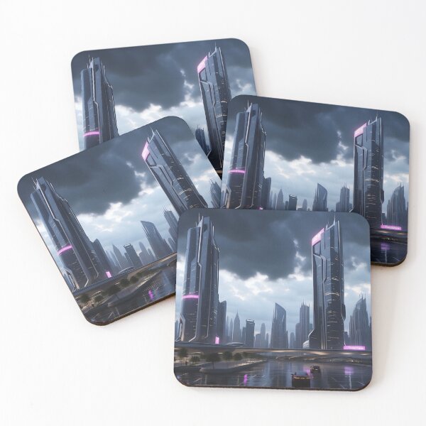 Item preview, Futuristic cityscape, stormy skies, illuminated skyscrapers, wet roads. designed and sold by ArtComixHaven.