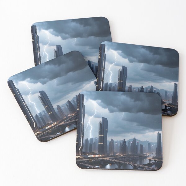 Item preview, Stormy cityscape, lightning illuminates towering, modern architectural marvels. designed and sold by ArtComixHaven.