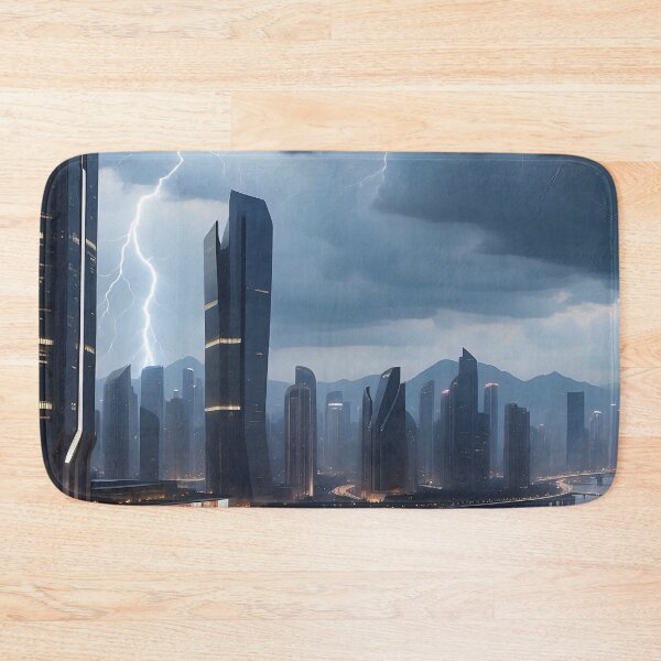 Item preview, Stormy cityscape, lightning illuminates towering, modern architectural marvels. designed and sold by ArtComixHaven.