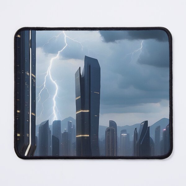 Item preview, Stormy cityscape, lightning illuminates towering, modern architectural marvels. designed and sold by ArtComixHaven.