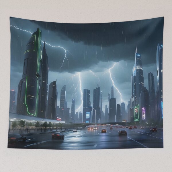 Item preview, Rainy cityscape, lightning illuminates towering, neon-lit skyscrapers. designed and sold by ArtComixHaven.
