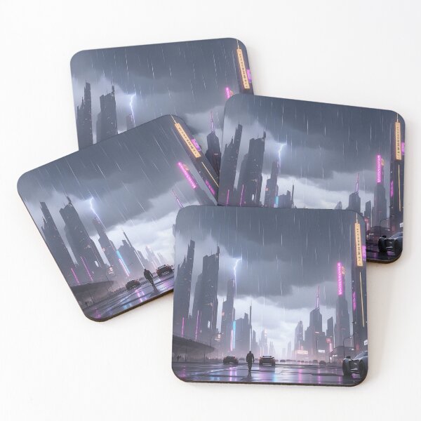 Item preview, Rainy cityscape, neon lights, tall buildings, futuristic cars. designed and sold by ArtComixHaven.