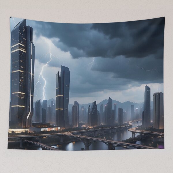 Item preview, Stormy cityscape, lightning illuminates towering, modern architectural marvels. designed and sold by ArtComixHaven.