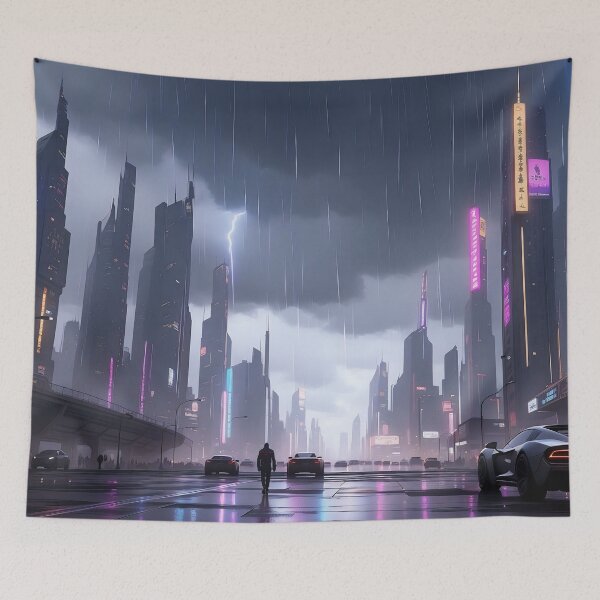 Item preview, Rainy cityscape, neon lights, tall buildings, futuristic cars. designed and sold by ArtComixHaven.
