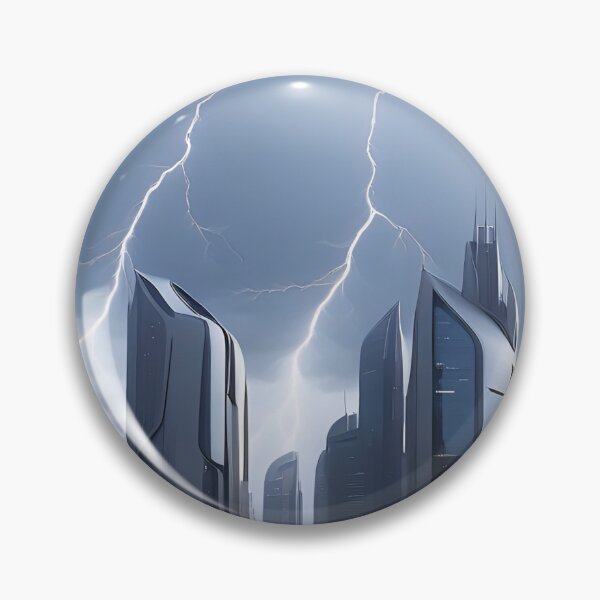 Item preview, Stormy cityscape, futuristic buildings, lightning strikes, ominous atmosphere. designed and sold by ArtComixHaven.