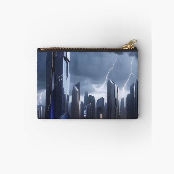 Item preview, Stormy cityscape, futuristic buildings, lightning strikes, ominous atmosphere. designed and sold by ArtComixHaven.