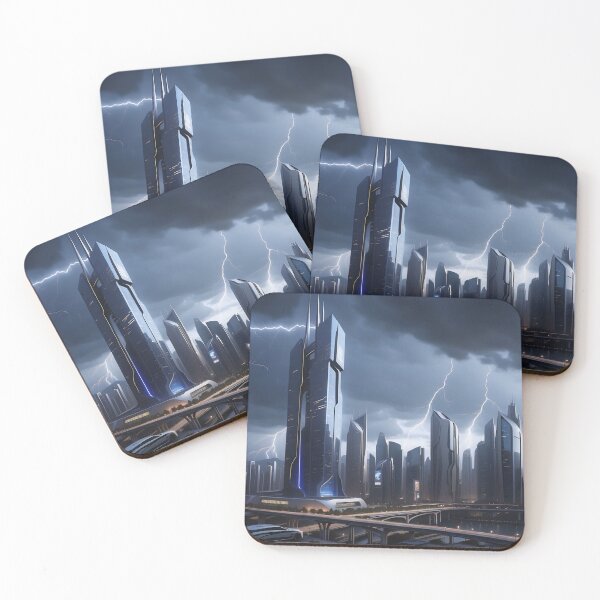 Item preview, Stormy cityscape, futuristic buildings, lightning strikes, ominous atmosphere. designed and sold by ArtComixHaven.