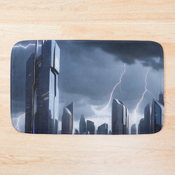 Item preview, Stormy cityscape, futuristic buildings, lightning strikes, ominous atmosphere. designed and sold by ArtComixHaven.
