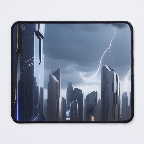 Item preview, Stormy cityscape, futuristic buildings, lightning strikes, ominous atmosphere. designed and sold by ArtComixHaven.