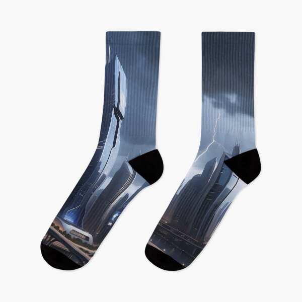 Item preview, Stormy cityscape, futuristic buildings, lightning strikes, ominous atmosphere. designed and sold by ArtComixHaven.