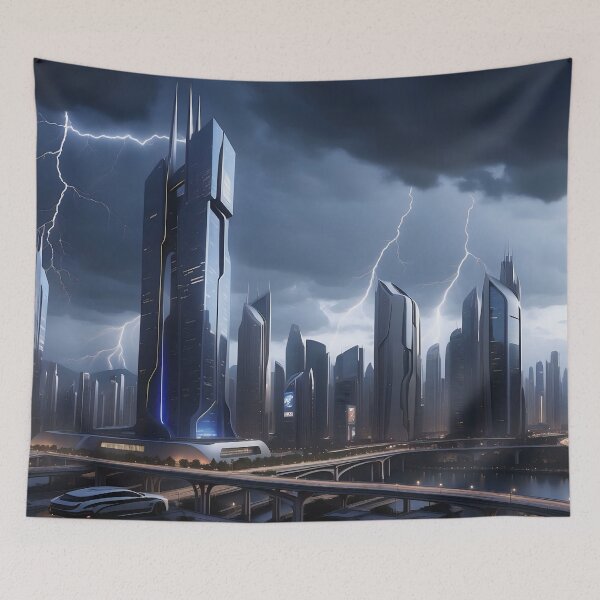 Item preview, Stormy cityscape, futuristic buildings, lightning strikes, ominous atmosphere. designed and sold by ArtComixHaven.
